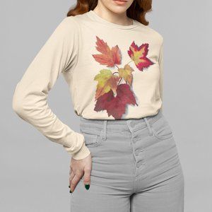 Fall Maple Leaves VTG Botanical Print Long Sleeve Graphic Tee T-shirt S M L XL